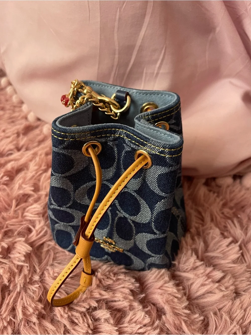 Coach Denim Mini Drawstring Bag in Blue with Tan Trim - Picture 3 of 12